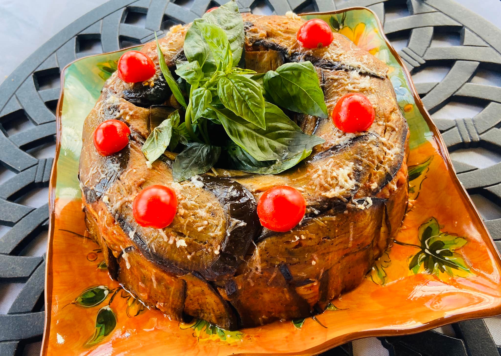 Fire Roasted Eggplant filled with Baked Pasta “Timpano” mini meatballs